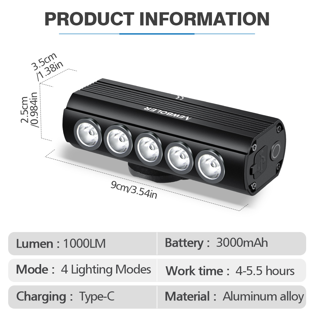 NEWBOLER – feu avant de vélo,  - Rechargeable Bicycle Headlight 1000 Lumen avis et prix
